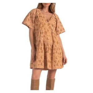 ELAN Womens Orange Printed Short Sleeve V Neck Mini Shift Dress XS